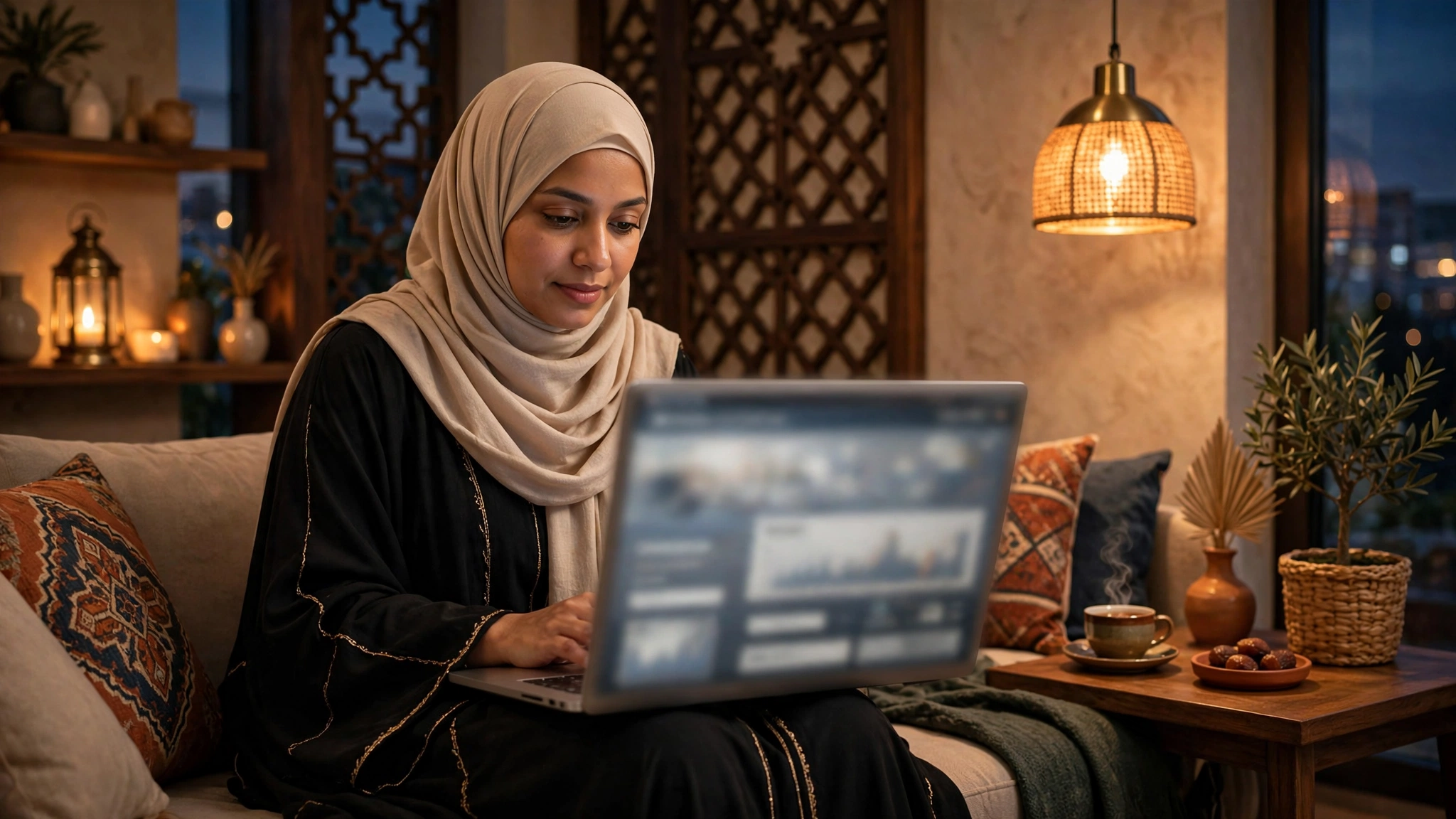 أم سعودية تراجع بيانات ابنها الدراسية على الحاسوب في المنزل