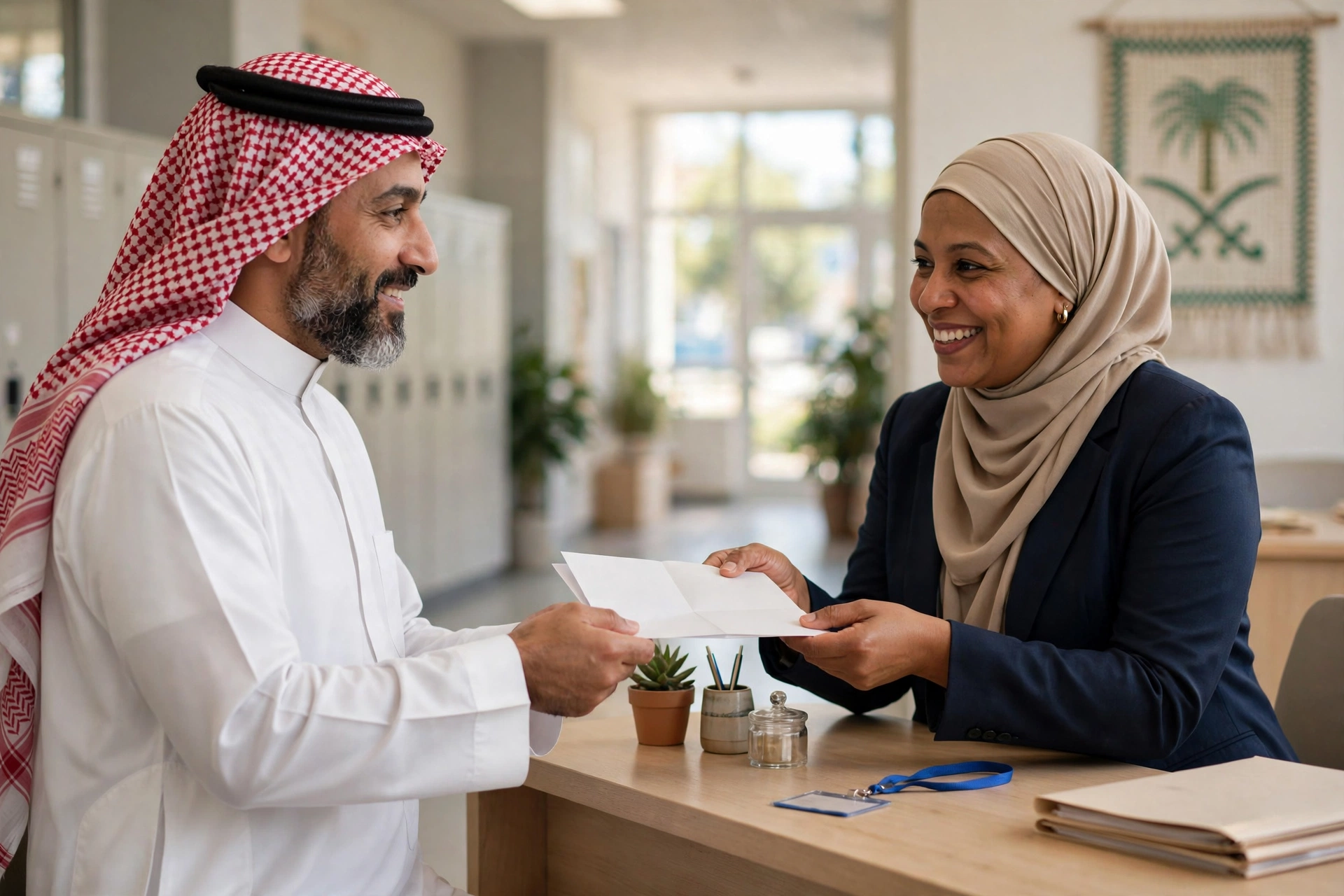 ولي أمر يسلِّم عذر الغياب لإدارة المدرسة