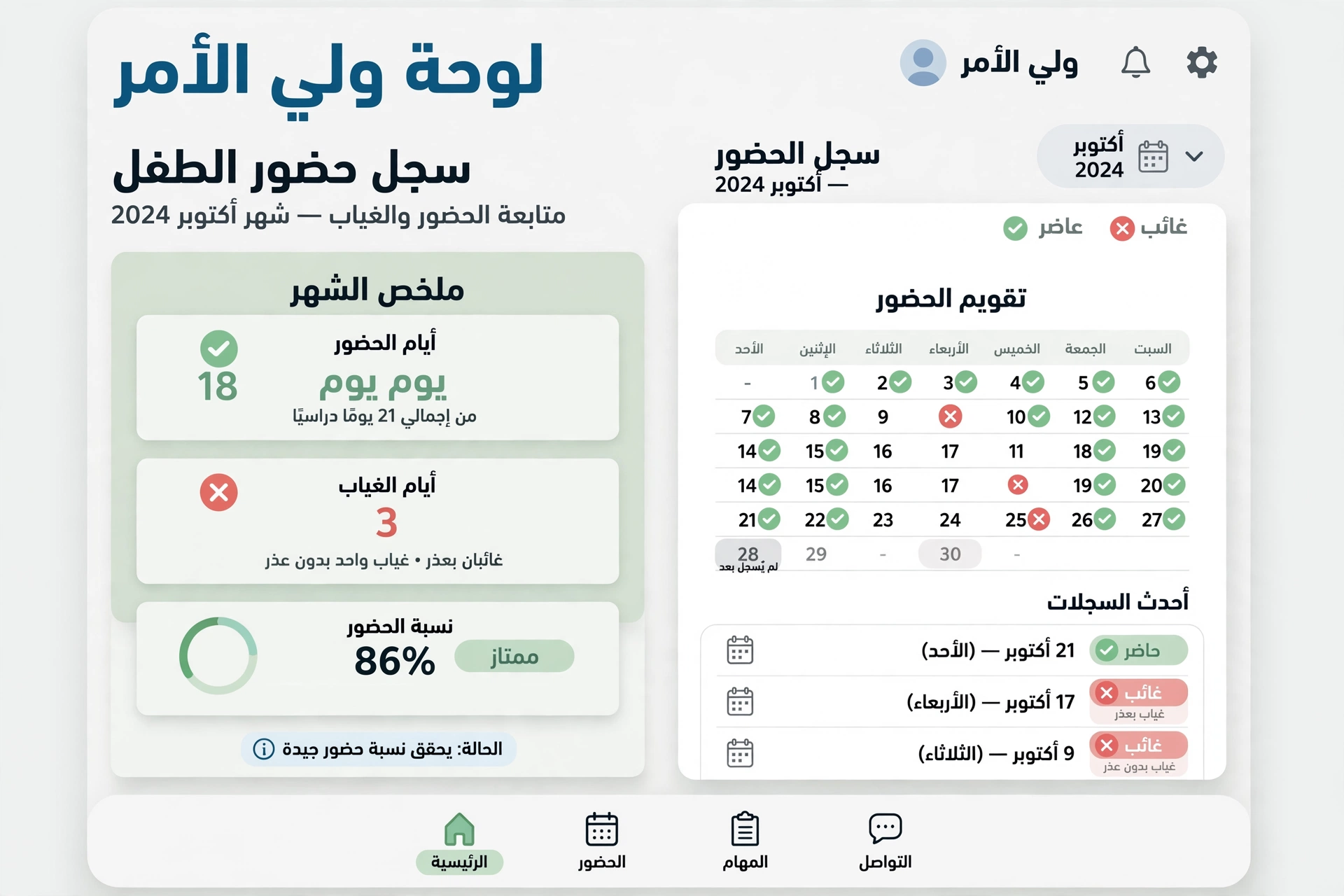 شاشة متابعة الحضور والغياب في حساب ولي الأمر بنظام نور