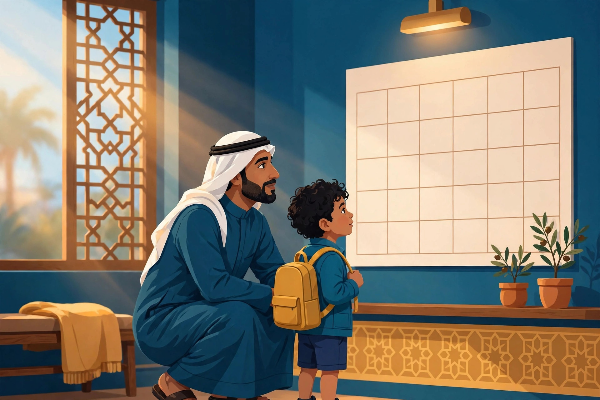 عمر القبول في أول ابتدائي 1448هـ — أب وطفله أمام تقويم
