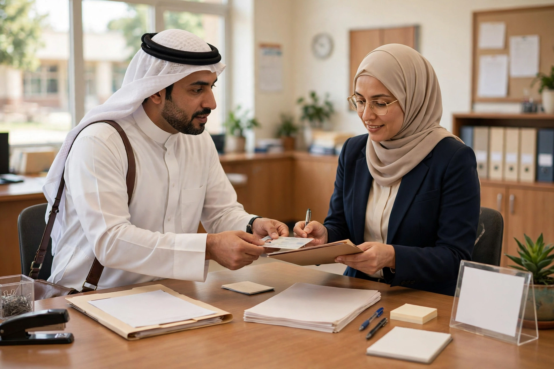 ولي أمر يسلّم إثبات الهوية لموظفة المدرسة لتصحيح البيانات الأساسية في نظام نور