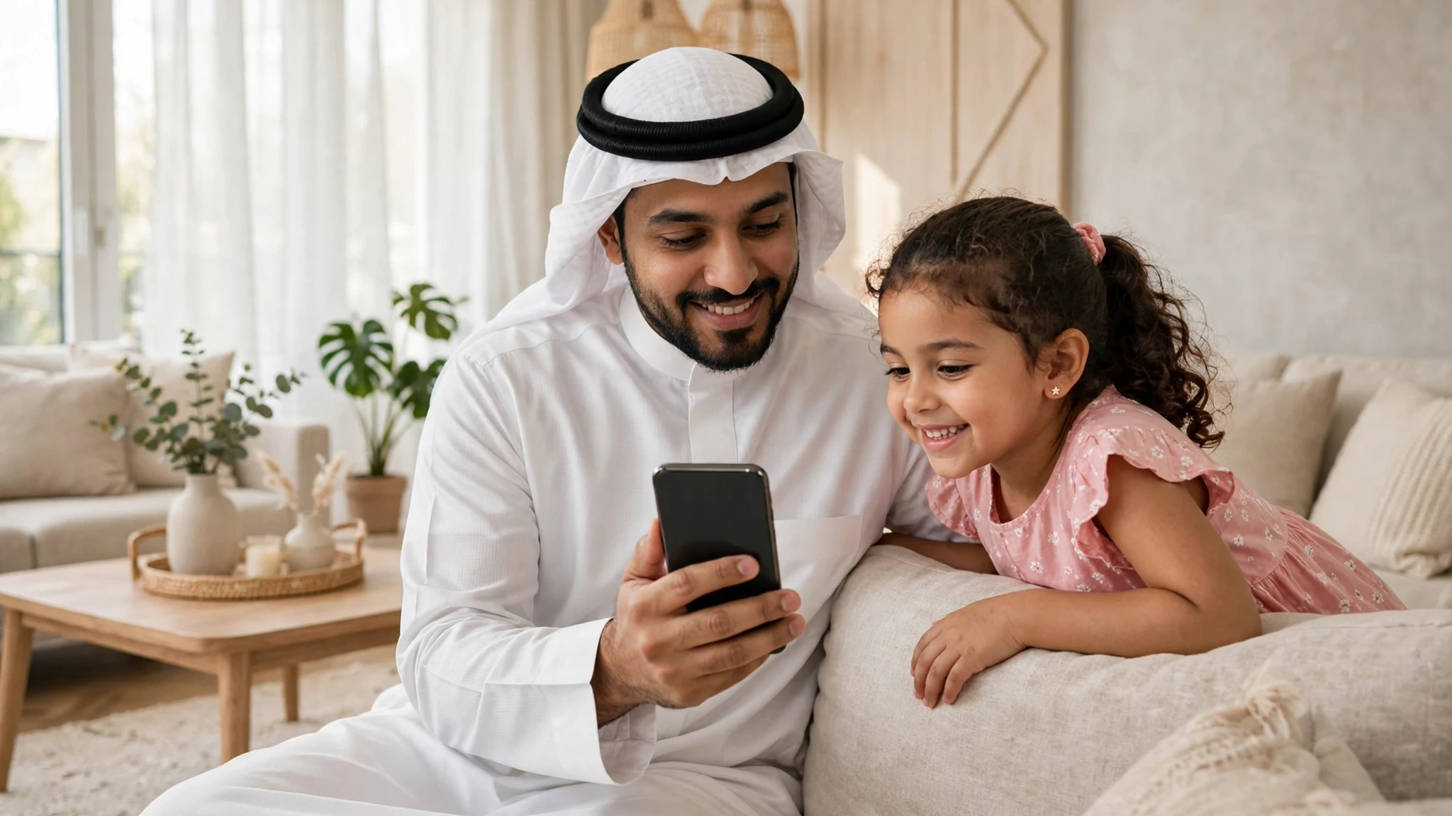 أب يتابع تسجيل طفله في نظام نور من الجوال في المنزل