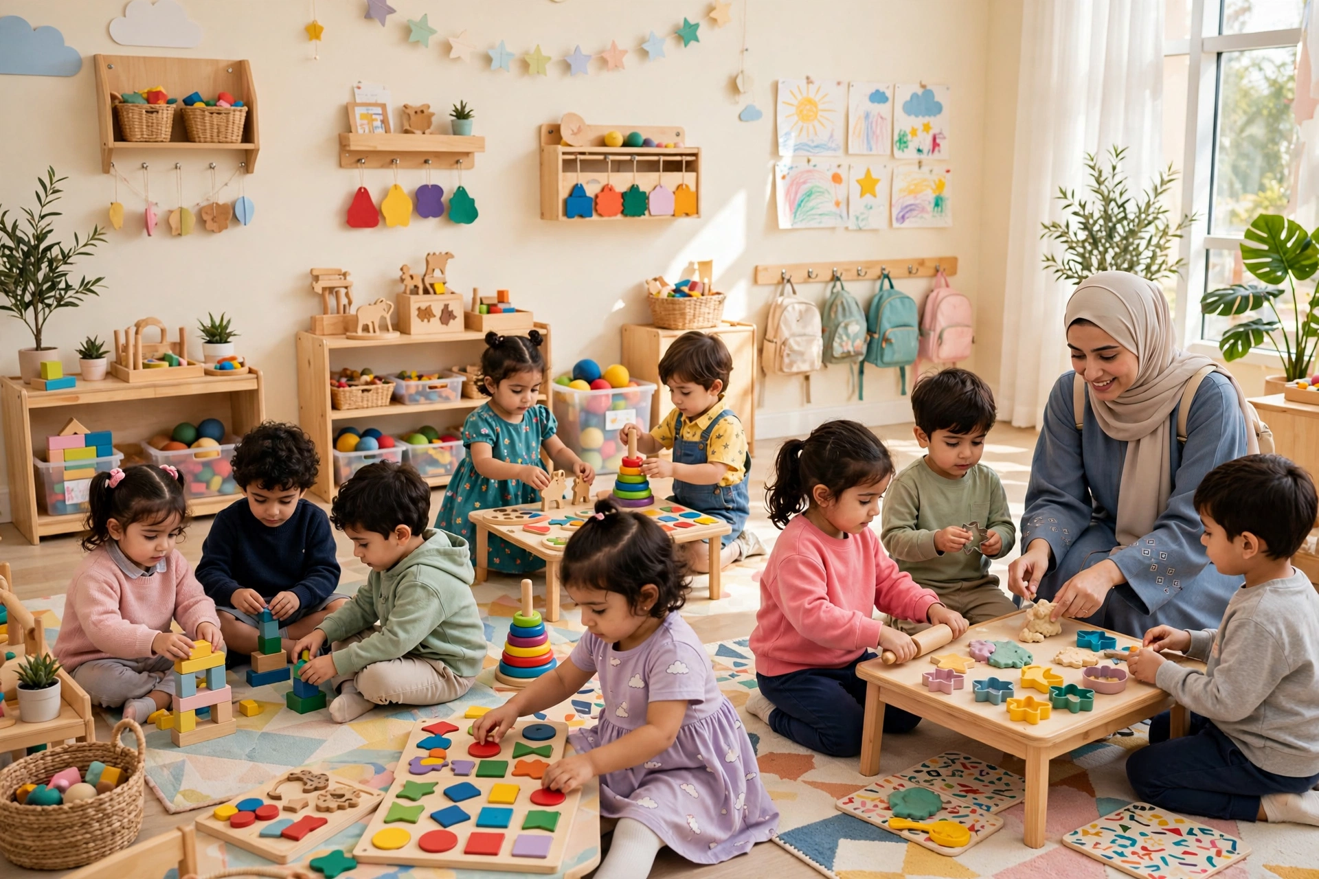 أطفال في صف روضة يلعبون بألعاب تعليمية مع معلمة