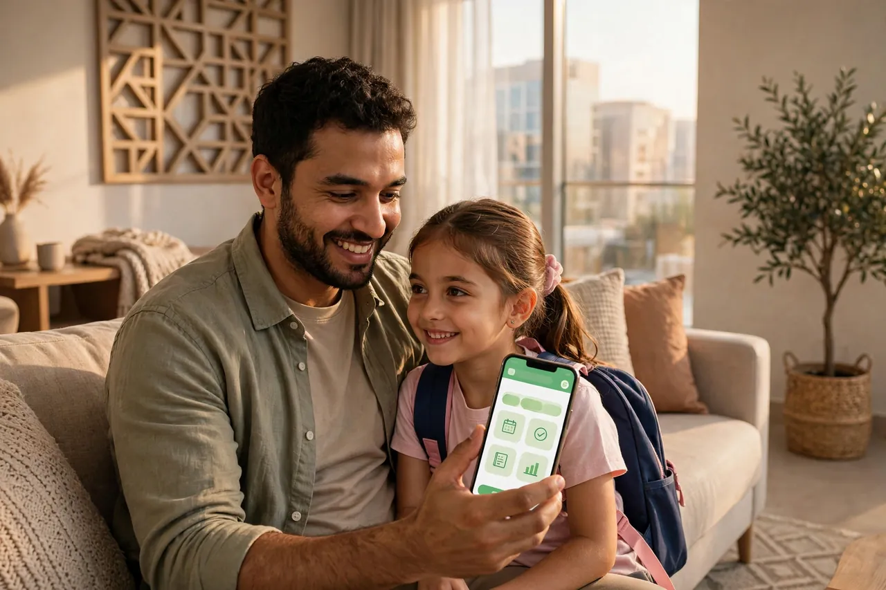 أب مقيم يتابع بوابة نظام نور من هاتفه مع ابنته في المنزل