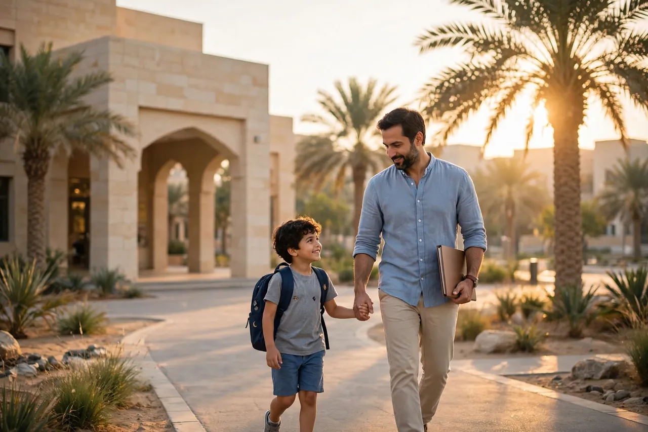 أب مقيم يرافق ابنه إلى مدرسة ابتدائية في السعودية صباحًا