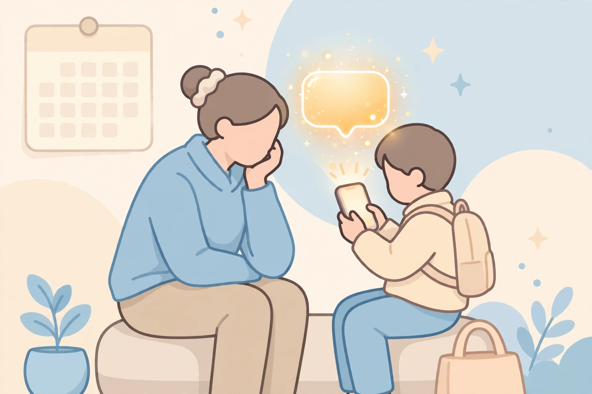 أم وابنها بانتظار ظهور نتائج نظام نور على الجوال