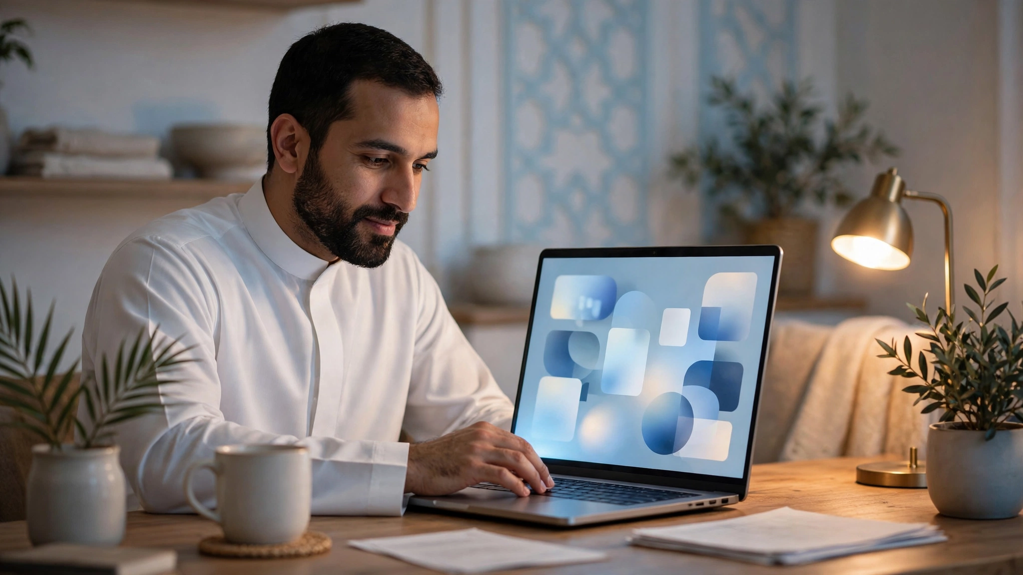 أب سعودي يستخدم الحاسوب لتقديم طلب نقل ابنه عبر نظام نور