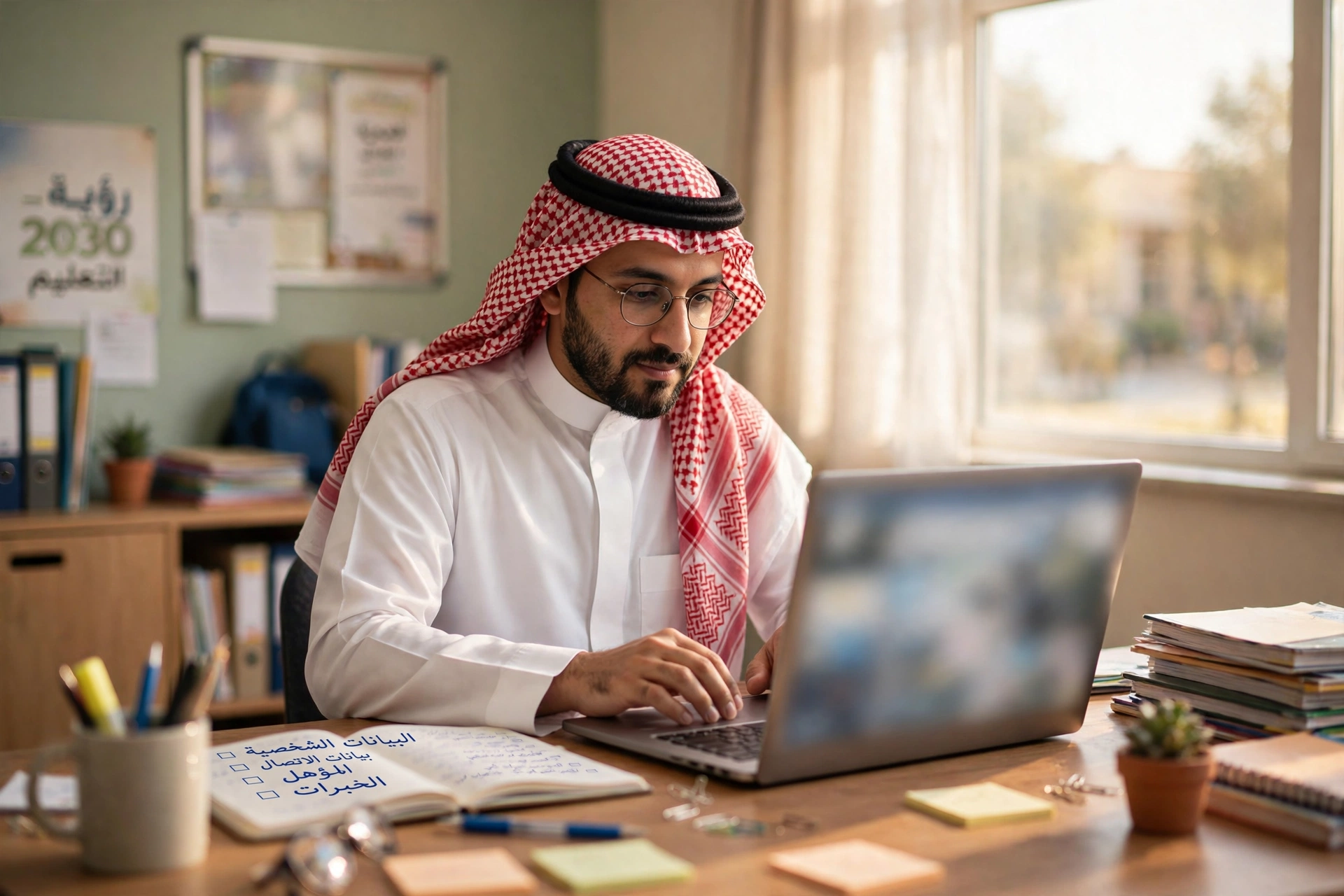 معلم يحدّث رقم جواله في نظام نور من مكتبه في المدرسة