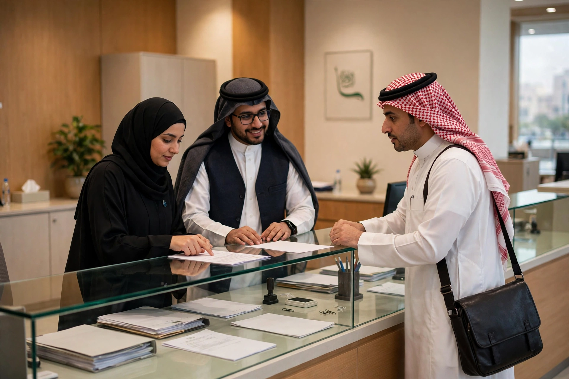 موظفة استقبال في إدارة مدرسة تساعد ولي أمر على تحديث بياناته